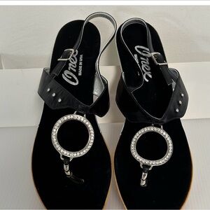 Onex Mini Cork Wedge Thong Rhinestone Embellished Women’s Size 10 Black Sandals